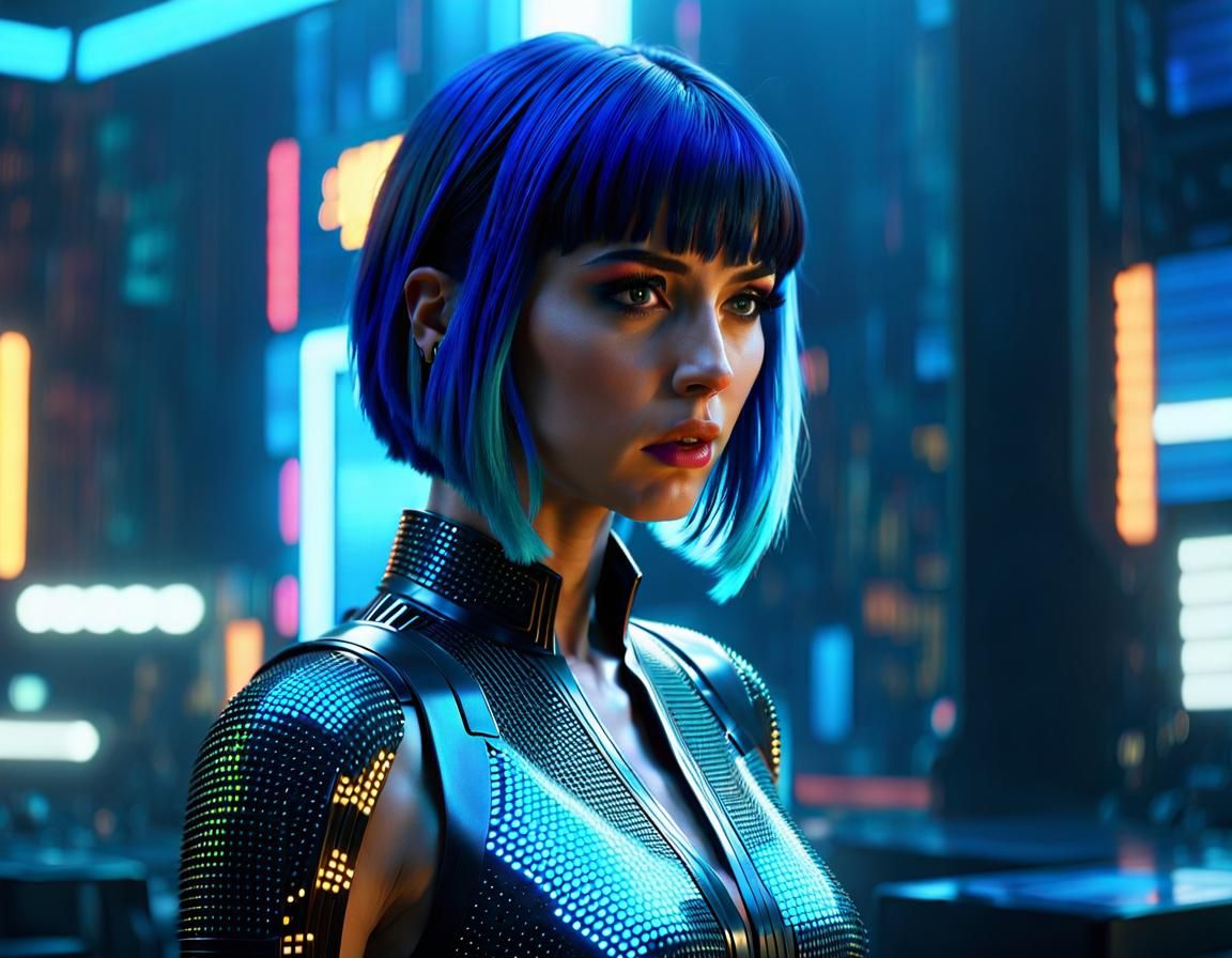 Holographic Woman in Cyberpunk Scene: Photorealistic Digital...