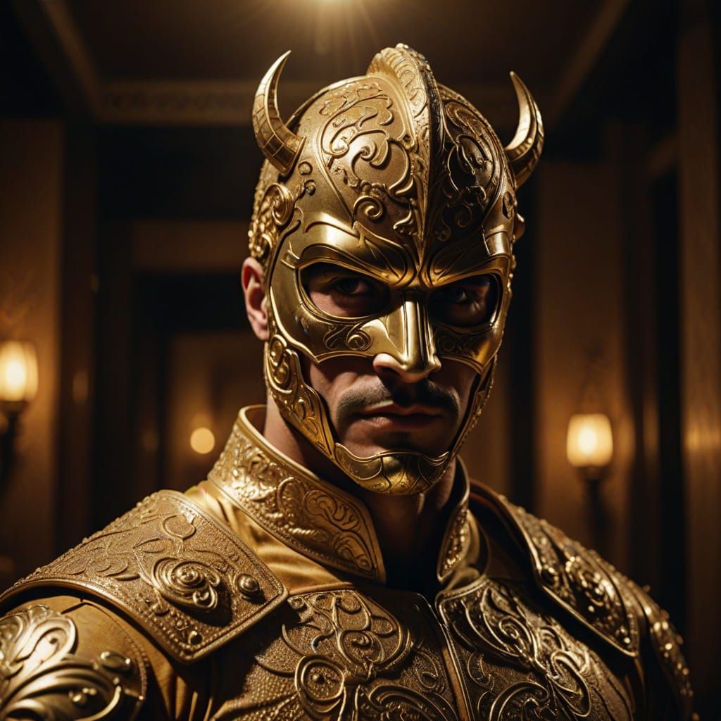 Golden Masked Model in Hyperrealistic Film Still