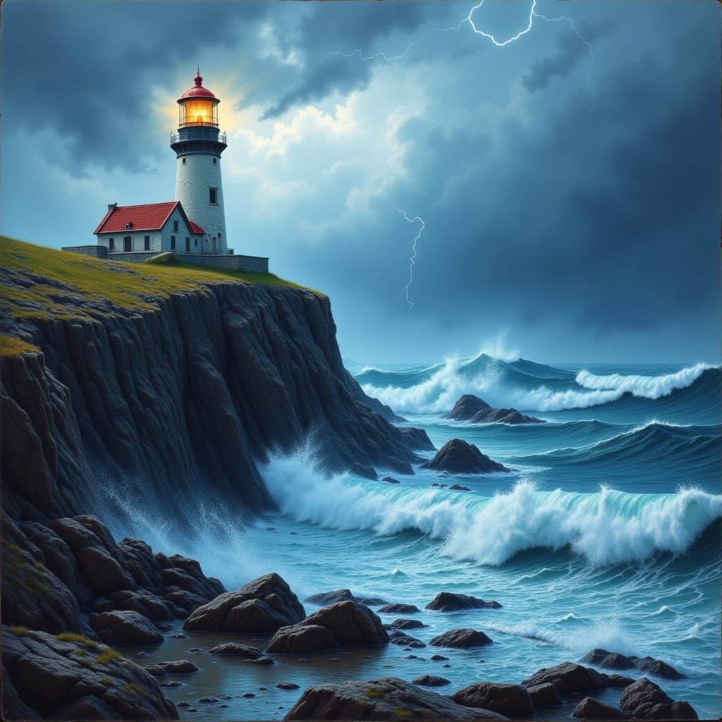 Stormy Lighthouse on Jagged Cliffs, Dramatic Atmospheric Sty...