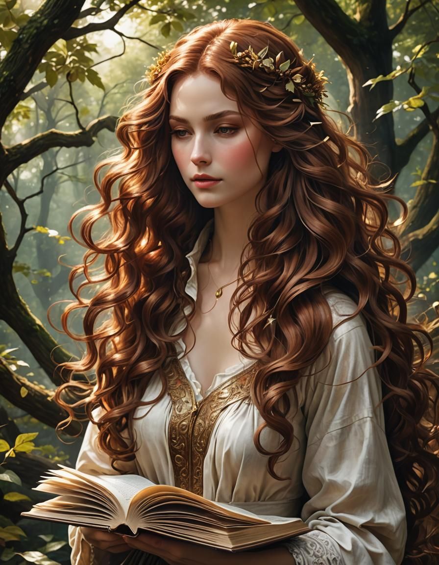 Chestnut Haired Woman Reading Manga: Photorealistic Anime