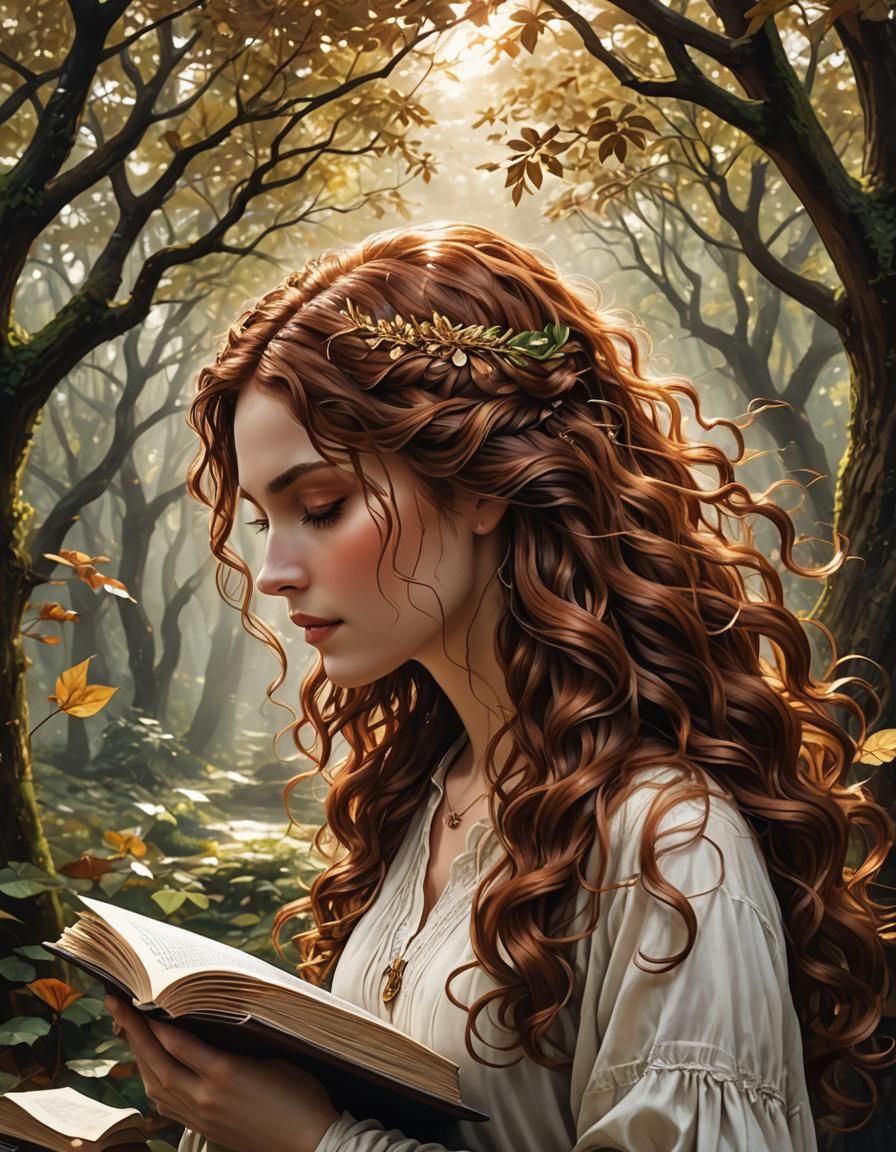 Woman Reading with Flowing Chestnut Hair: Photorealistic Ren...