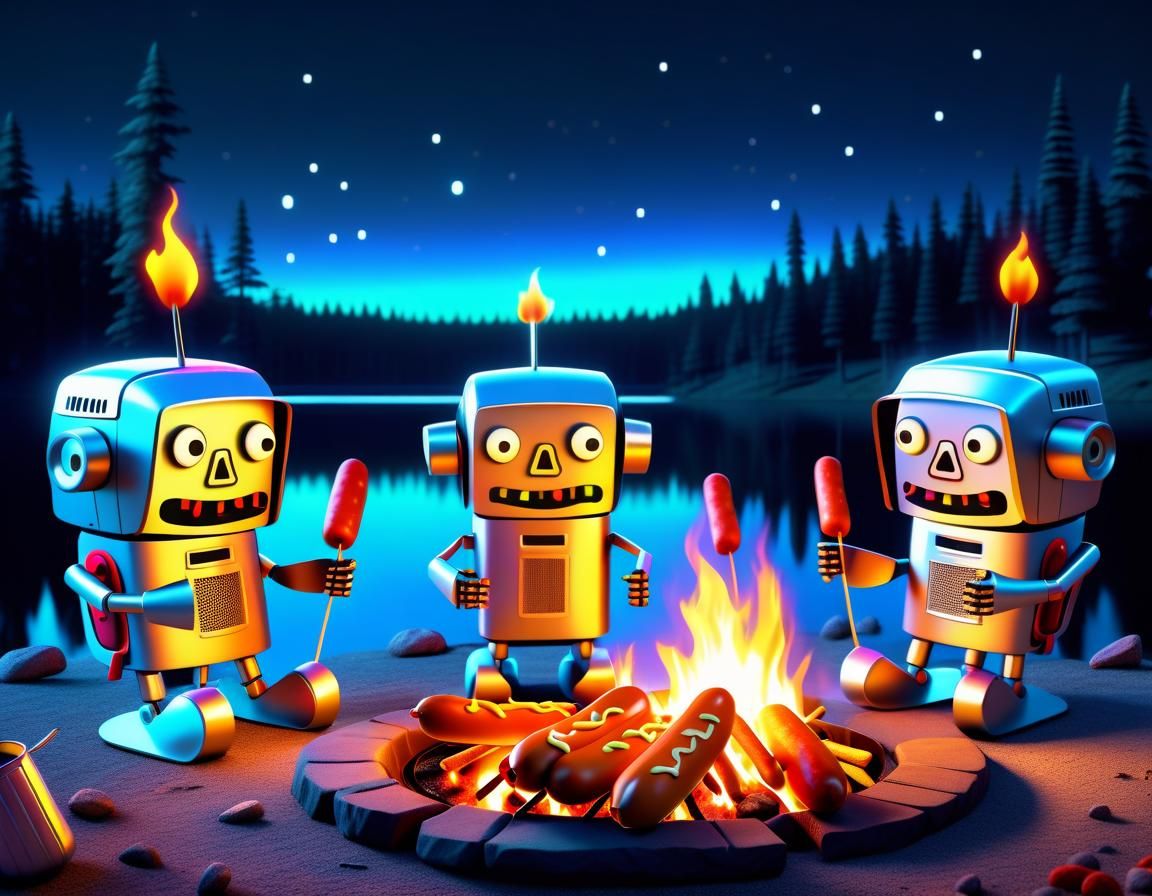 Cute Zombie Robot Hot Dogs Campfire Scene