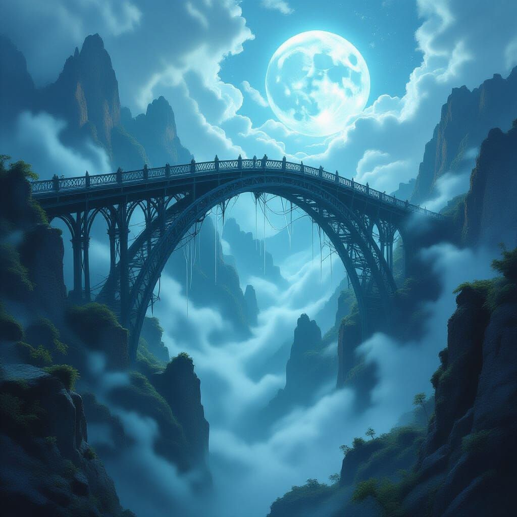 Ancient Spiderweb Bridge Over Misty Chasm