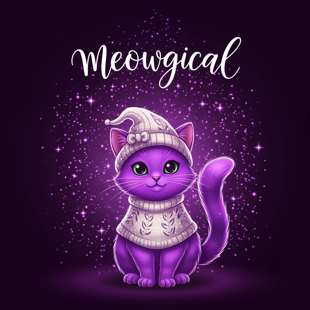 Enchanting Cartoon Illustration of a Whimsical Purple Cat