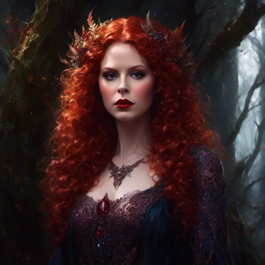 Red-headed Hedge Witch Portrait with Intricate Details