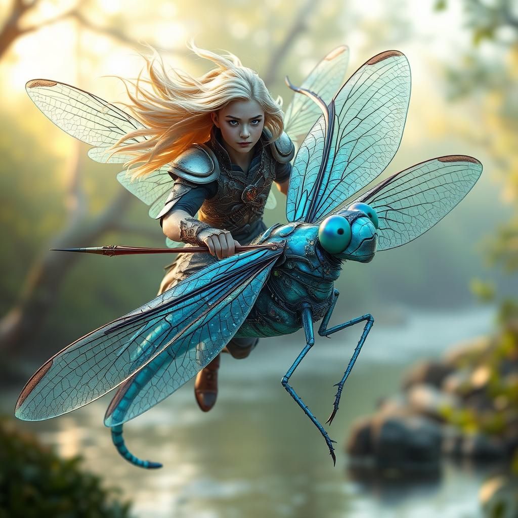 Fairy Warrior on Dragonfly in Surreal Landscape