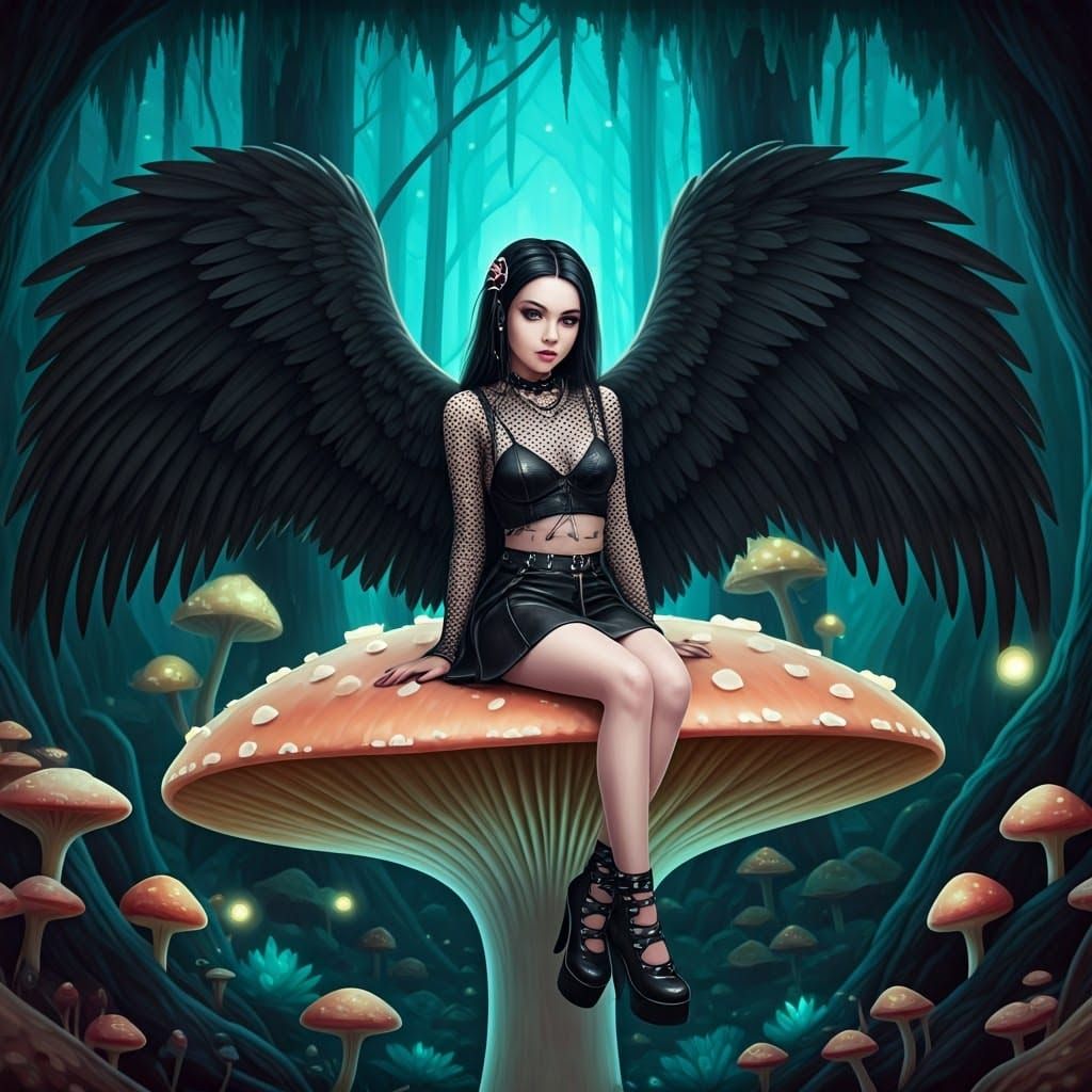 Whimsical Gothic Angel Sits on Mushroom Throne