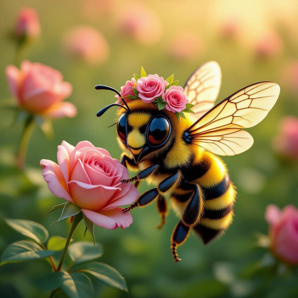 Bee with Rose Crown in Sunny Field