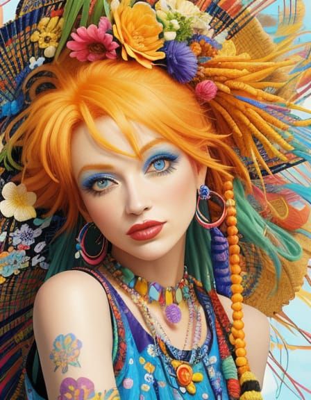 A vibrant woman with bright yellow and orange hair and pierc...