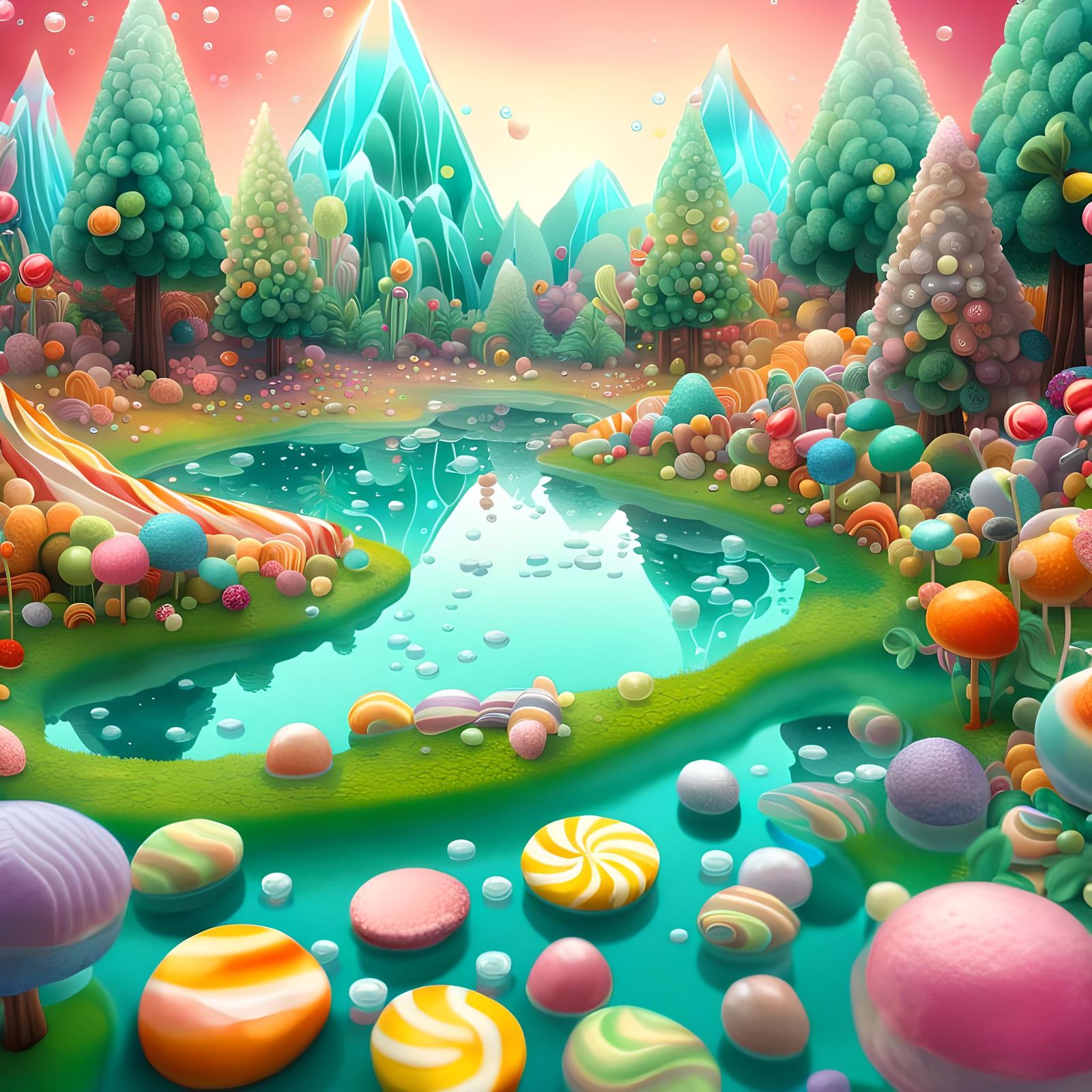 Candy Forest and Lake in Maximalist Style