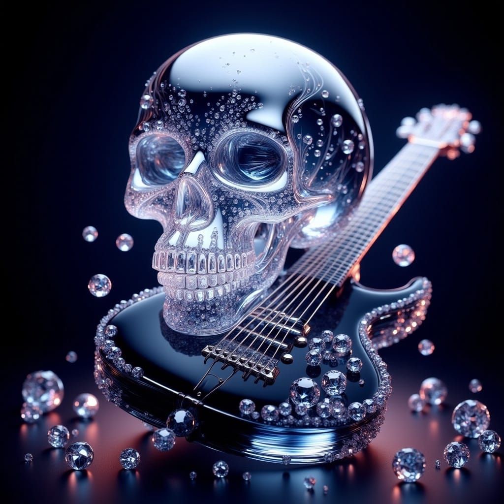 Glass Skull on Diamond Guitar with Floating Musical Notes