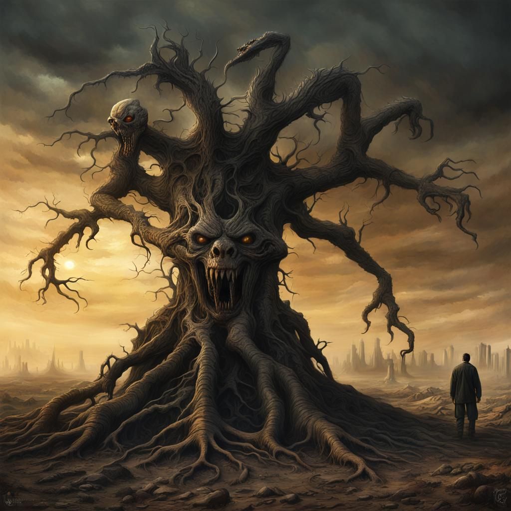 Grotesque Monster Rising in Apocalyptic Wasteland