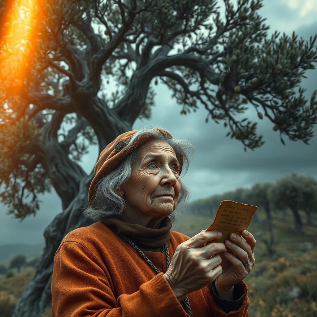 Elderly Woman Discovers Hidden Message in Olive Tree