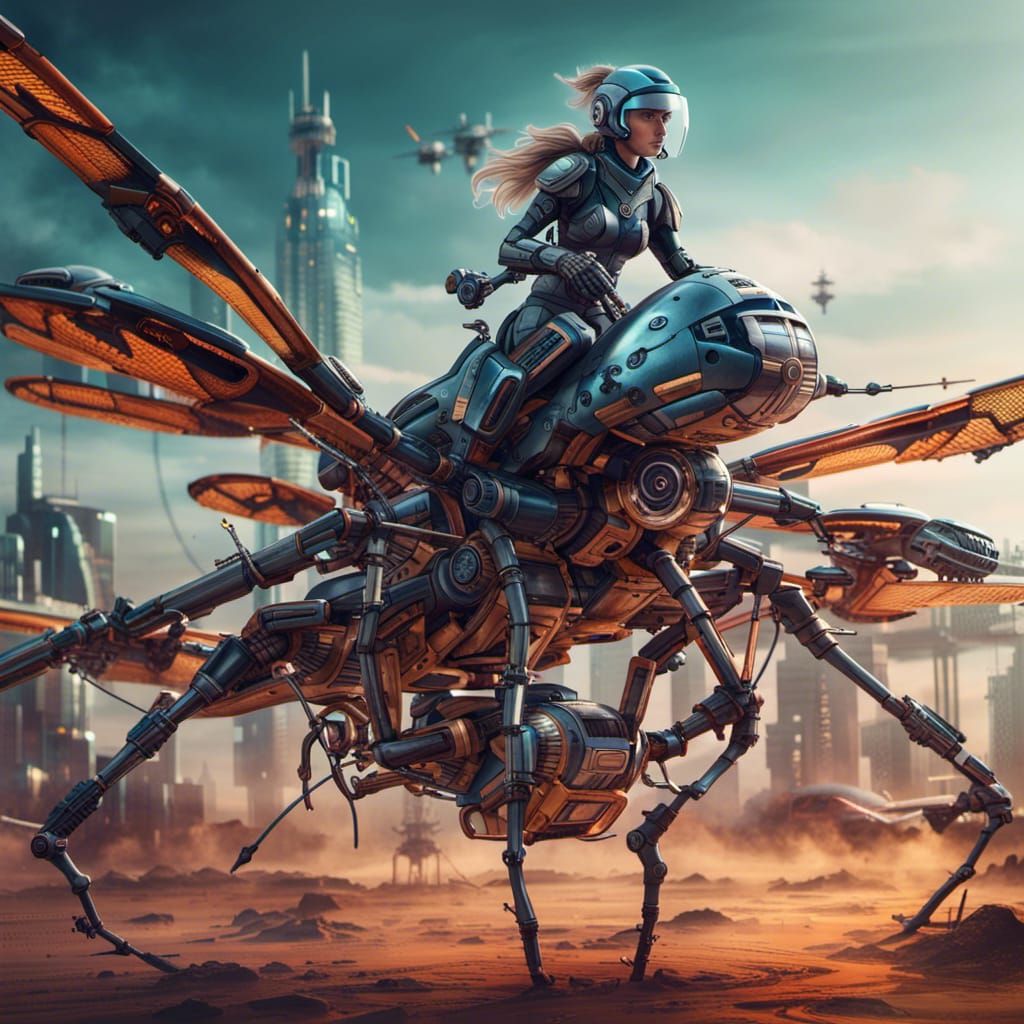 Cybernetic Soldier on Mechanical Dragonfly, Digital Illustra...