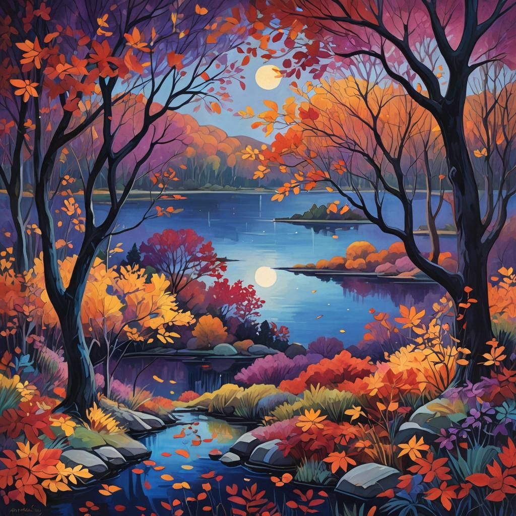 Autumnal Moonlit Dreamscape in Expressive Style