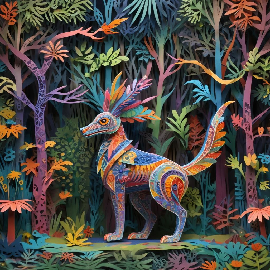 Kirigami Chupacabra Alebrije in Paper Forest