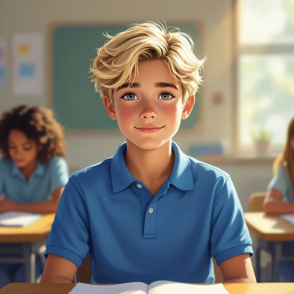 Young Boy Studying in a Sunlit Classroom