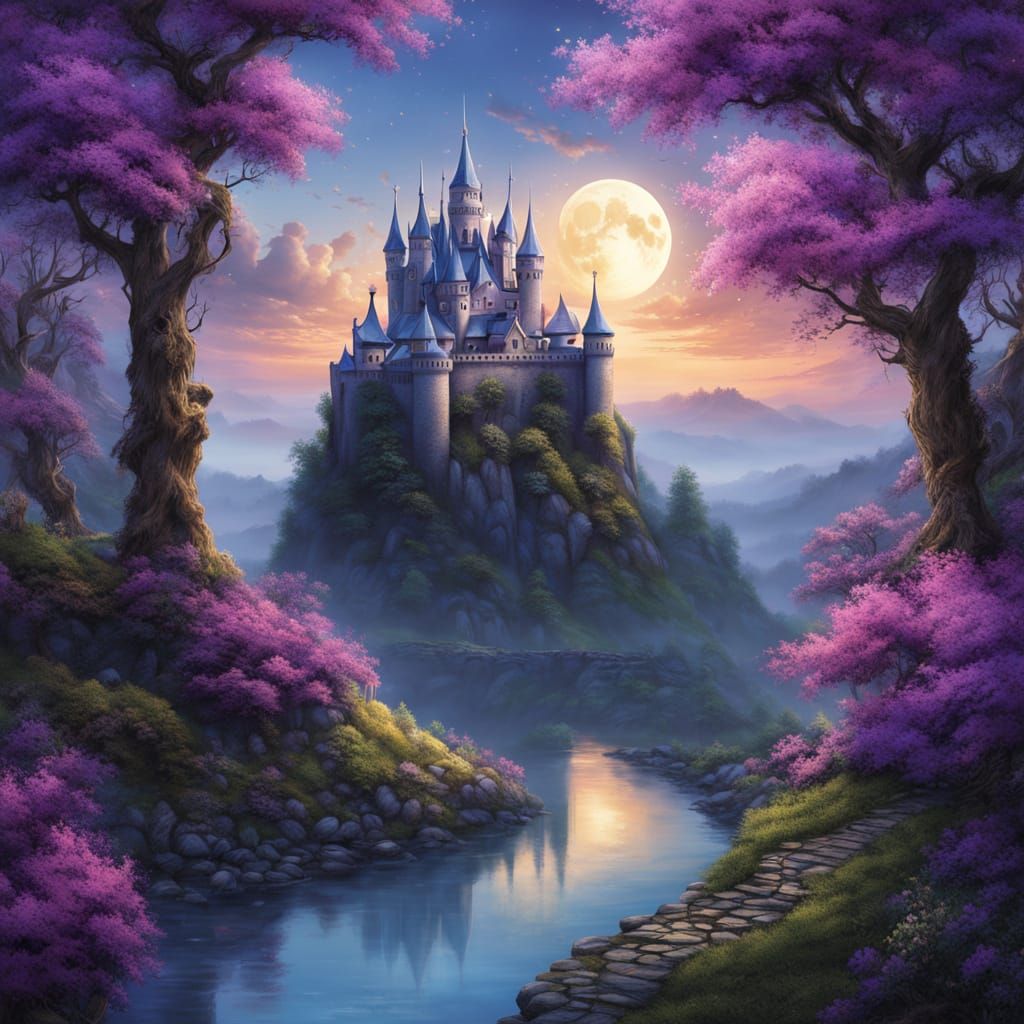 Enchanted Fortress on Hill in Dreamlike Chiaroscuro