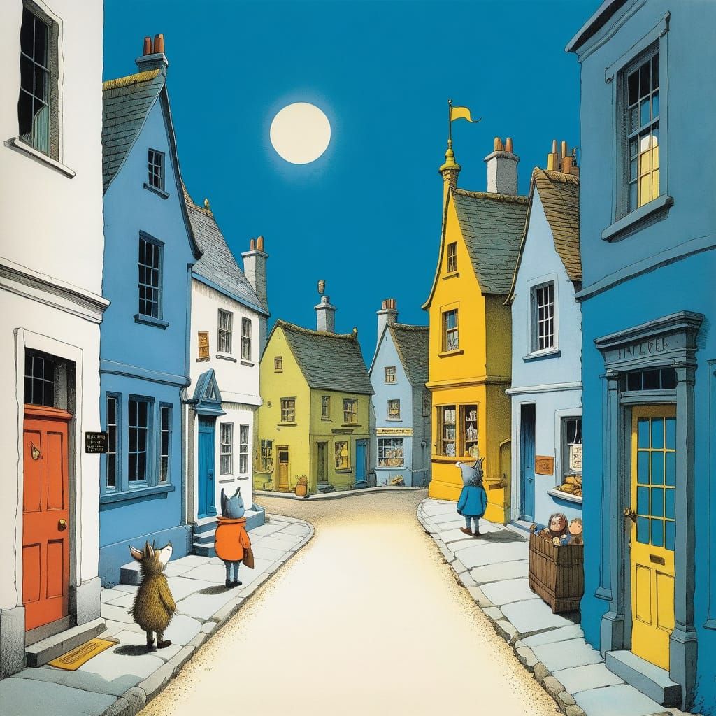 Whimsical Maurice Sendak-Inspired Townscape with Colorful Ch...