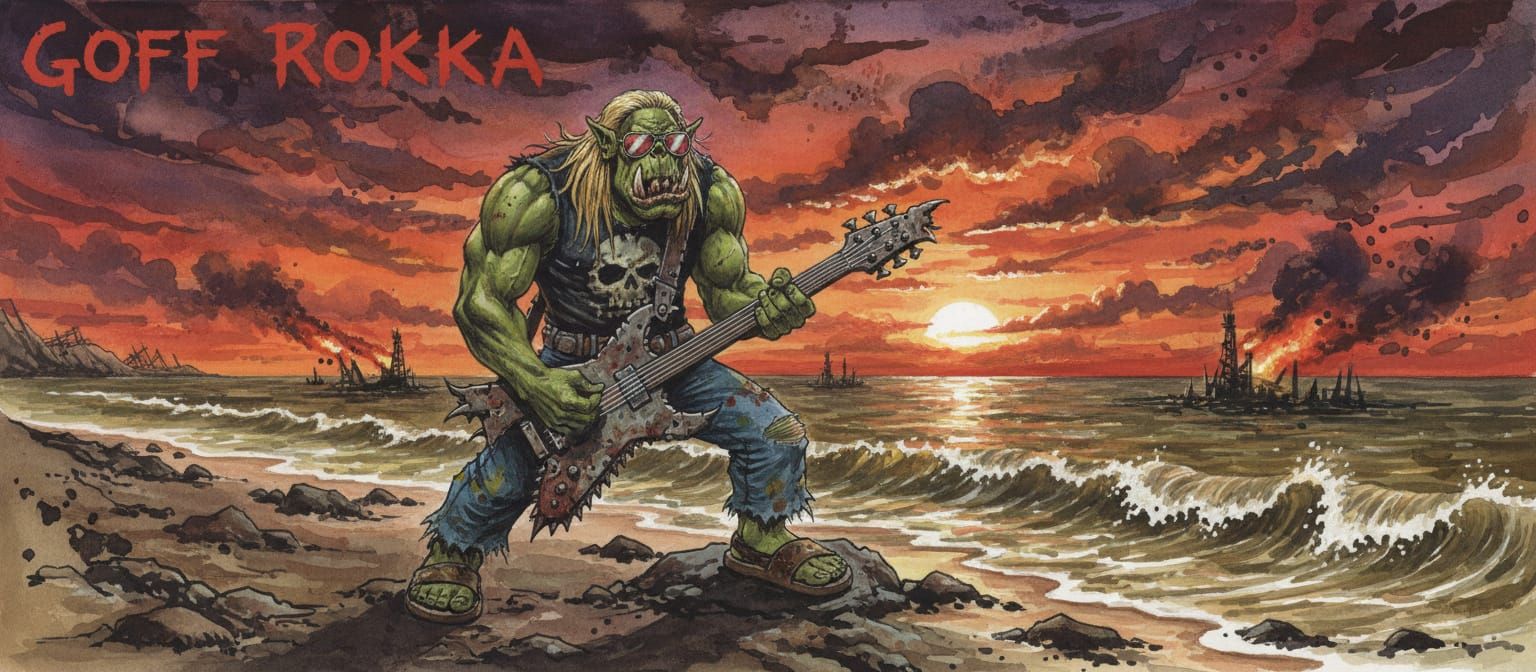 Ork Goff Rocka on Beach at Sunset in Watercolour Style