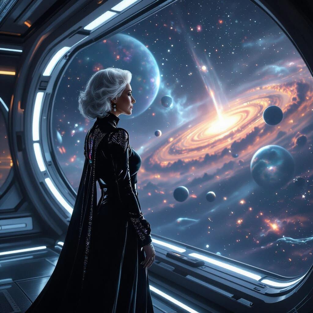 Silver-Haired Woman Gazing at Space in Neo-Futurism