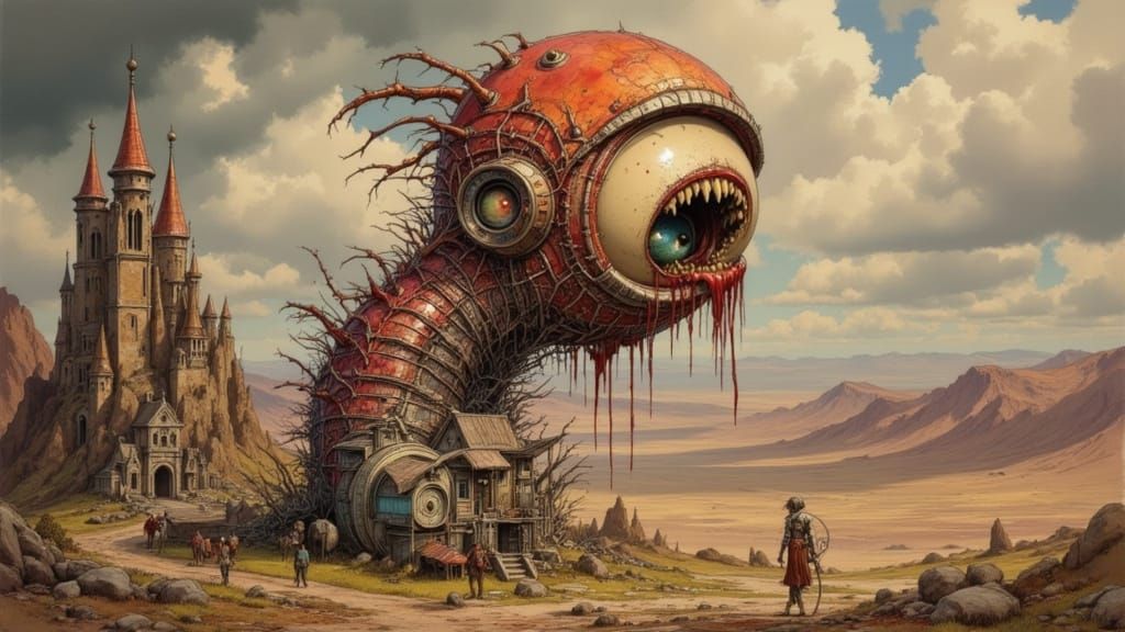 Visceral Biomechanical Eye Monster in Dystopian Landscape