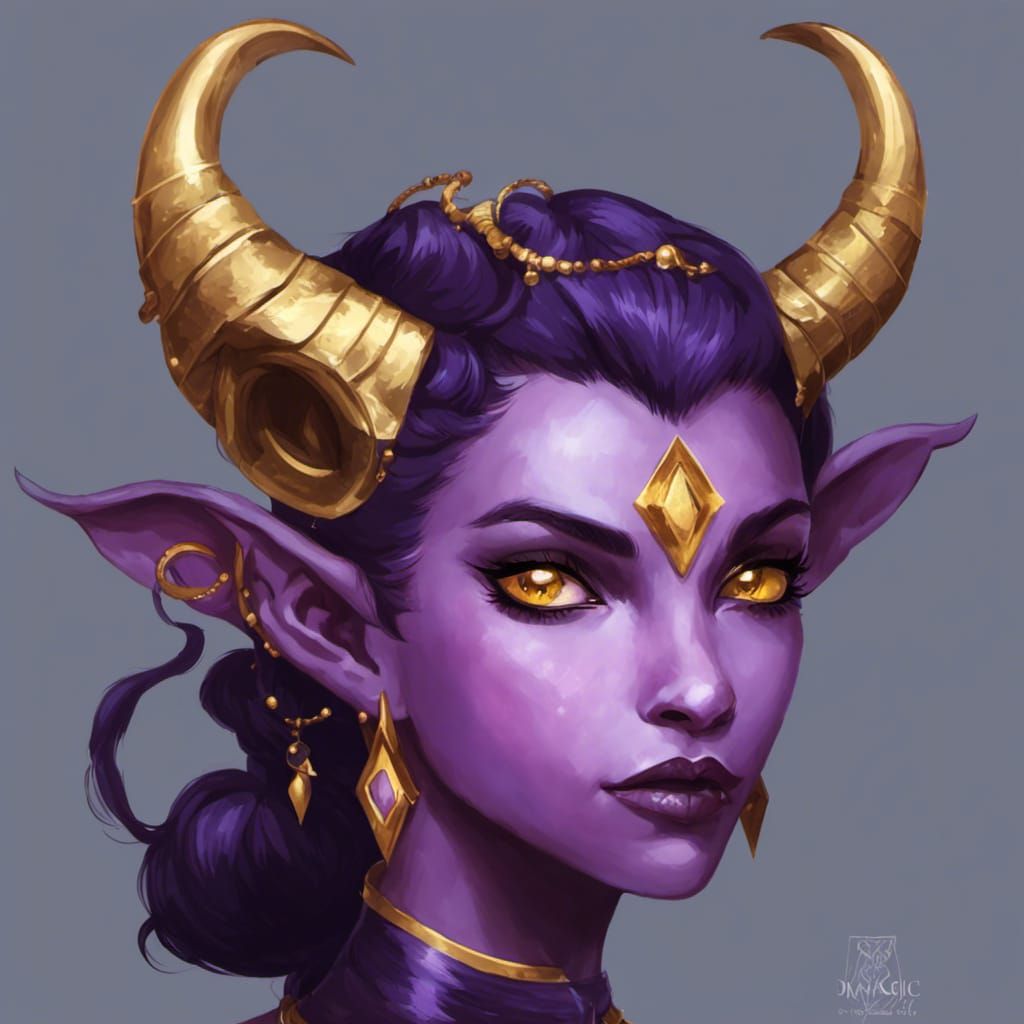 Young Female Tiefling with Purple Skin and Gold Accents