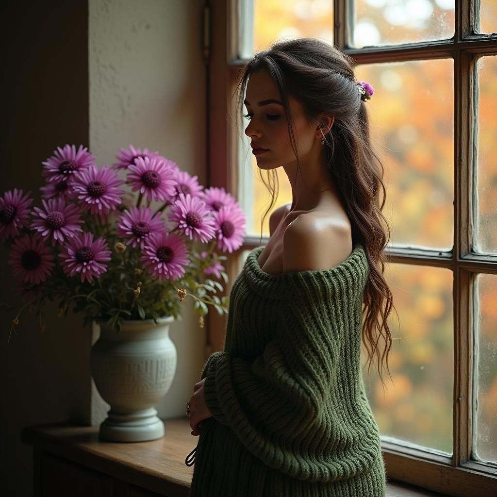 Mystical Woman with Asters by Antique Window