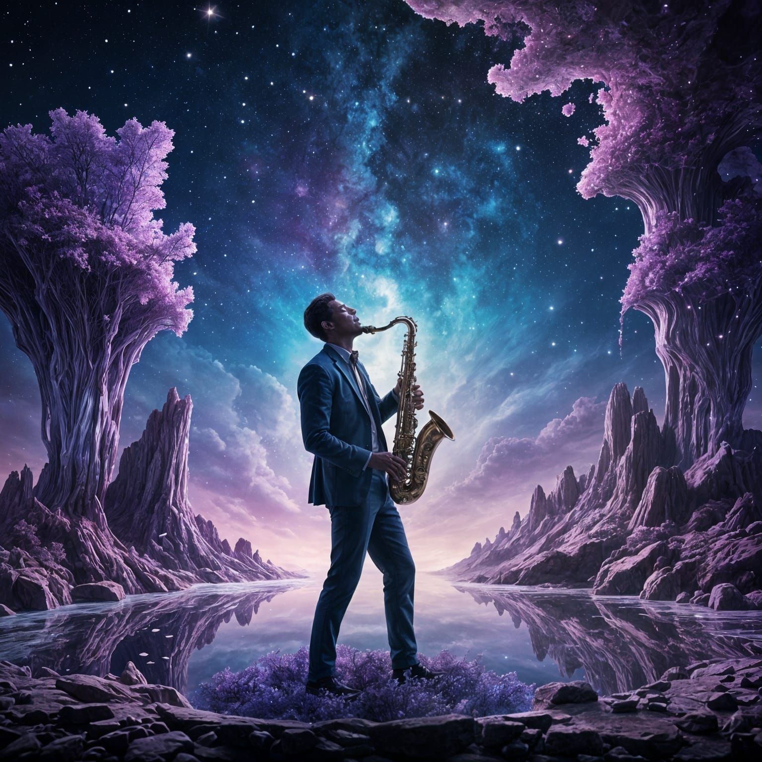 Cosmic Jazz Saxophonist on Amethyst Island