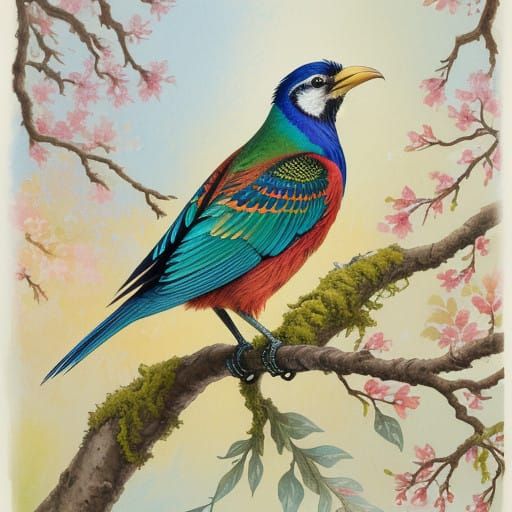 Bird perched on a moss-covered branch in warm, golden light