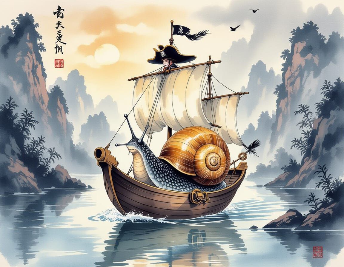 Pirate Snail on Seashell Ship: Chinese Ink Painting