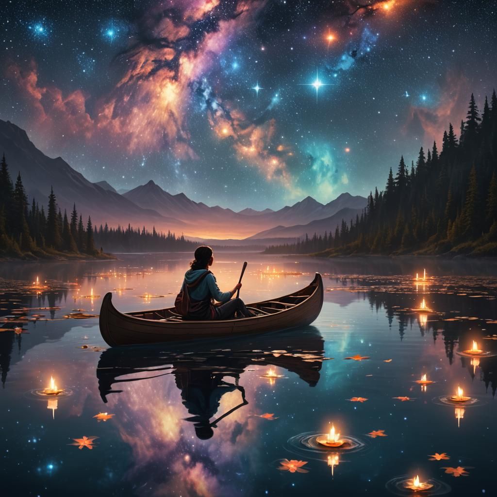 Ethereal Dreamcore Scene: Woman on Lake