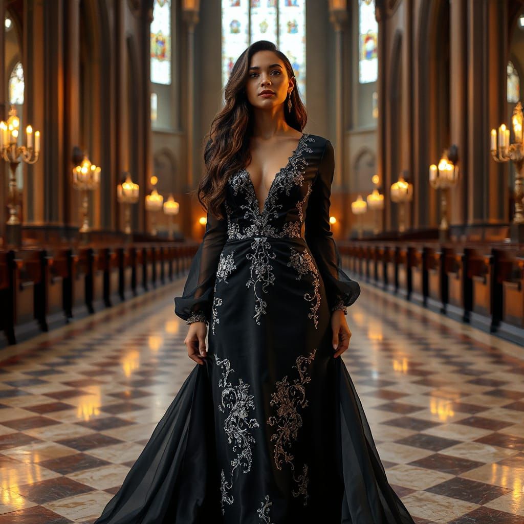 Dominican Woman in Gothic Cathedral Amidst Twilight