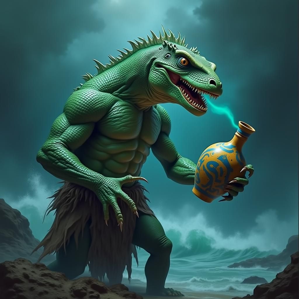 Lizardman Triumph: Muscular Figure in a Tidal Wave
