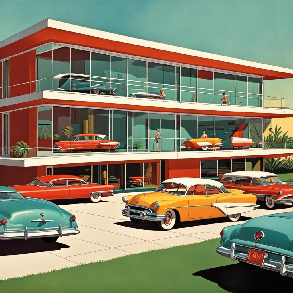 Retrofuturistic Mid-Century Home and Cars Illustration