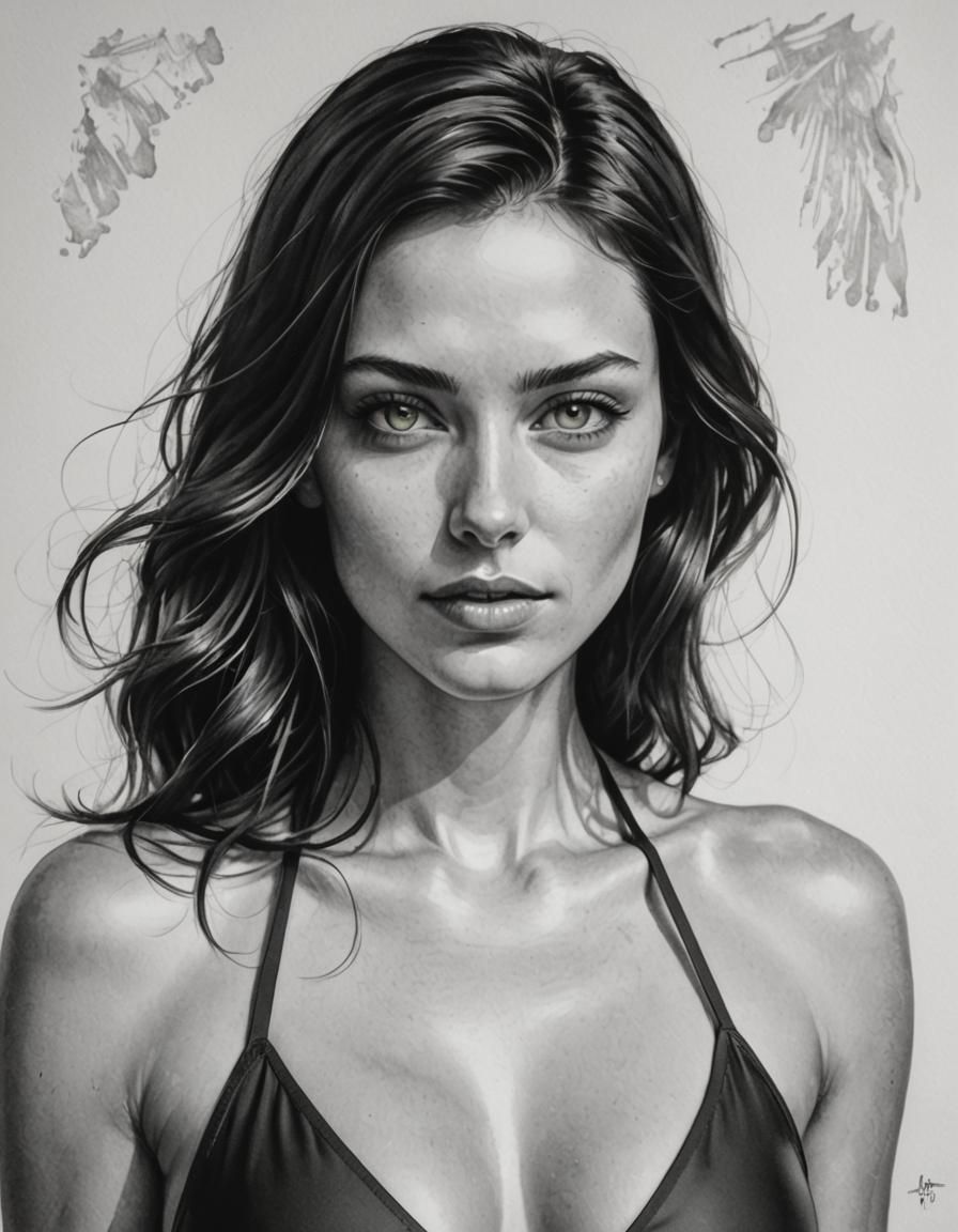 Brunette Girl in Swimsuit: Black and White Portrait