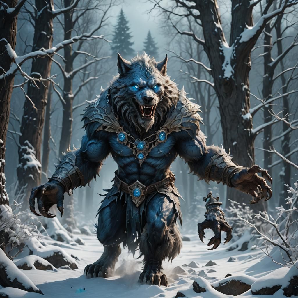 Armored Werewolf with Blue Eyes in Winter