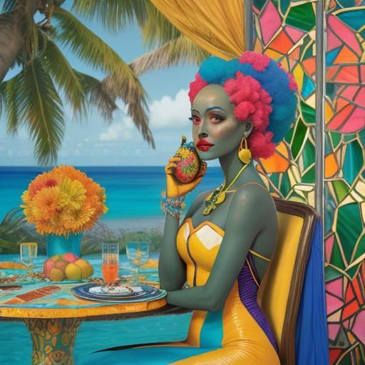 Tropical Still Life with Portrait in Stained Glass Style