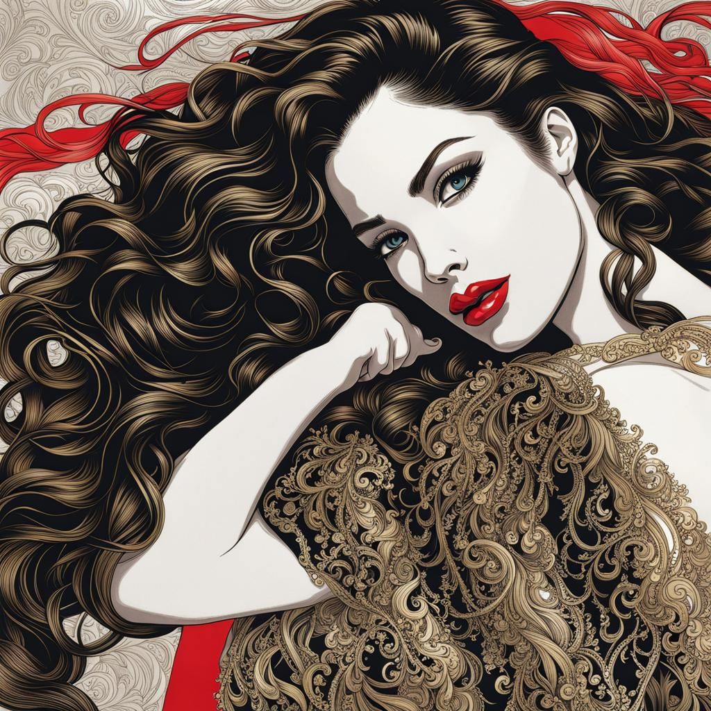 Hyperdetailed Etching of Brunette in Rocco Gold Style