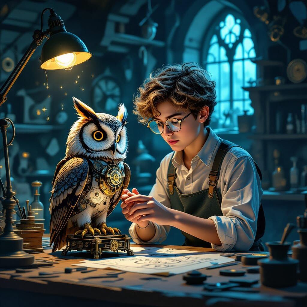 Apprentice Repairs Intricate Clockwork Owl in Magical Worksh...