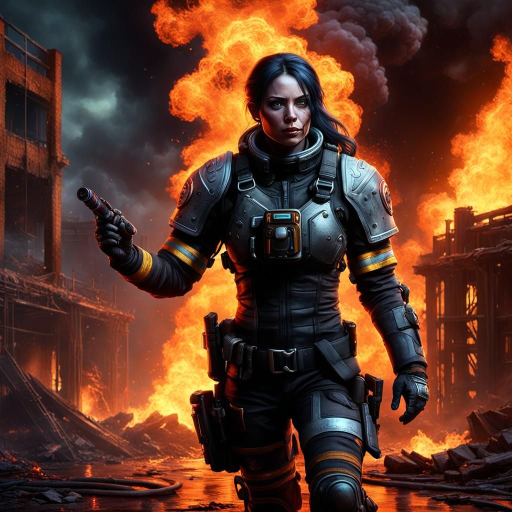 Goth Warrior Rescues Baby From Fire, Detailed Matte Painting