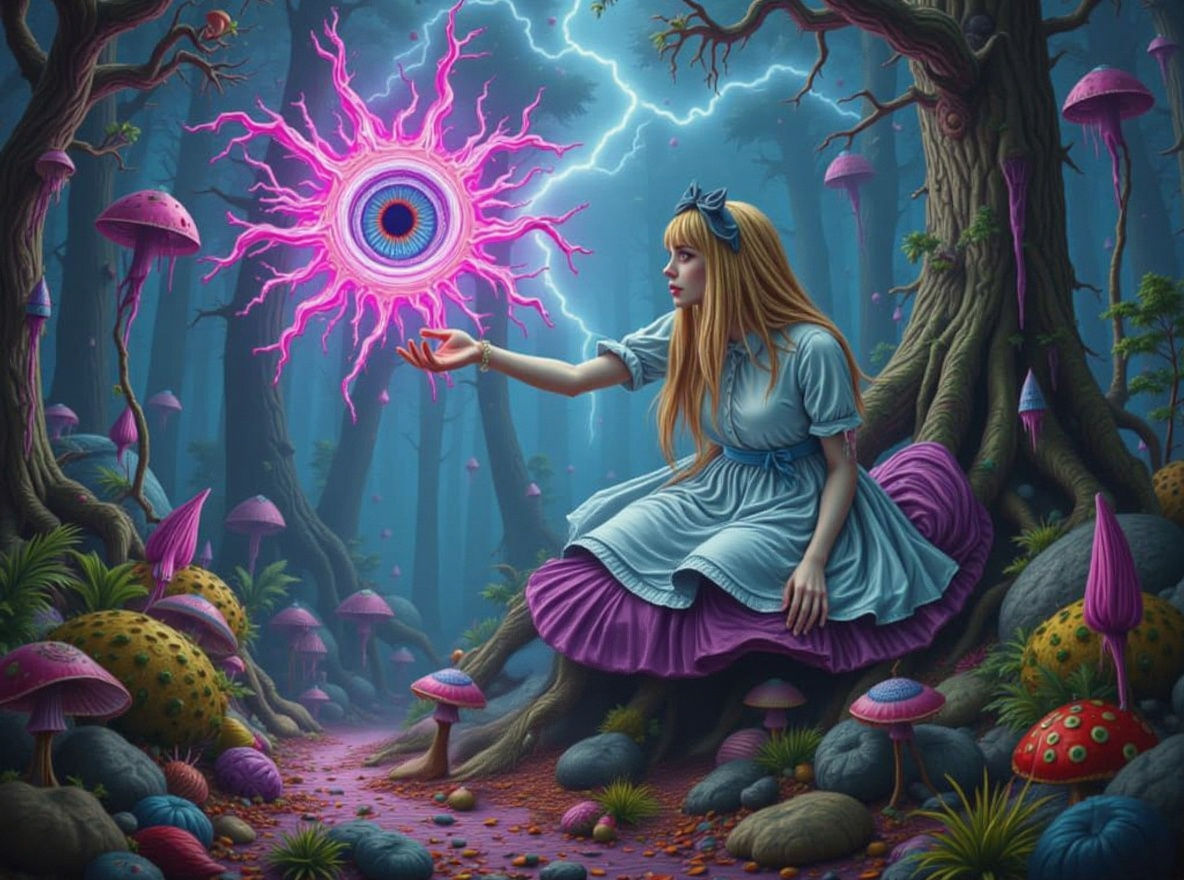 Alice in Wonderland on Psychedelic Mushroom in Trippy Style