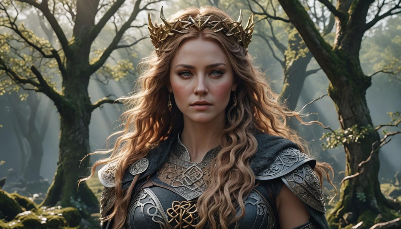 Hyperrealistic Norse Celtic Woman in Mystical Forest