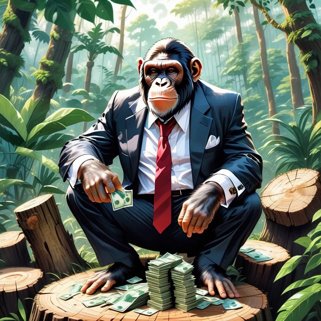 obsessed ape counting his money in the jungle on a tree stump, gangster ape in a suit / in the background, cutting down...