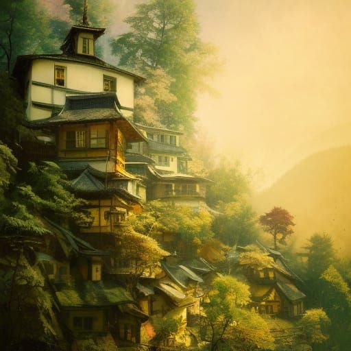 Picturesque Hillside Village in Art Nouveau Style
