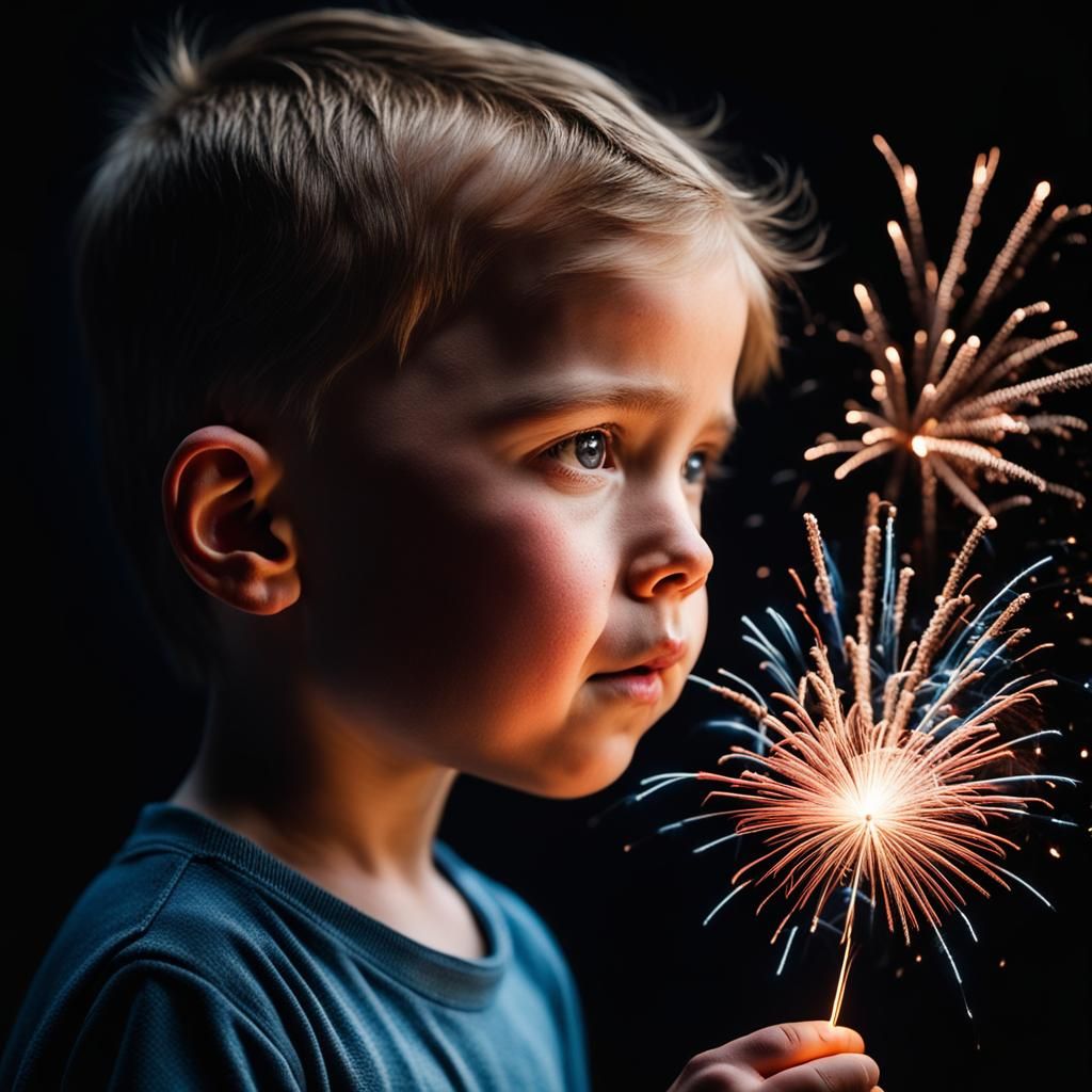 Child Lights Fireworks in Close-Up Portrait