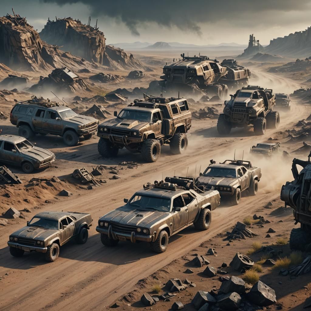 Mad Max Convoy on Ruined Highway in Sci-Fi Style