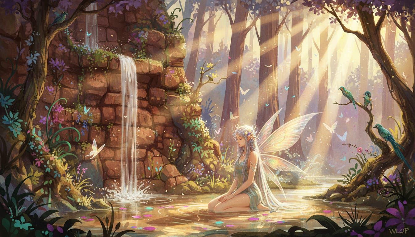 Fairy Nymph Bathes in Paradise Garden with Godrays