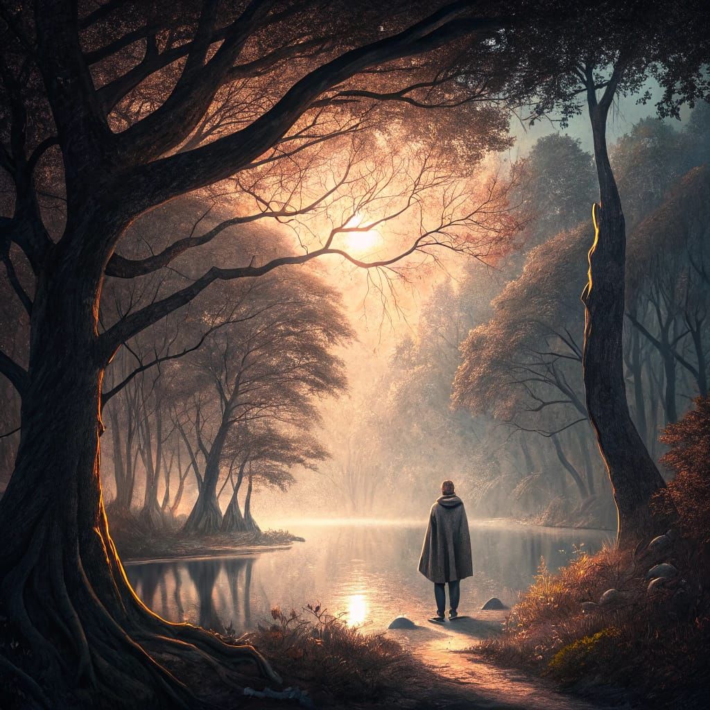 Mystical Lake Scene in Surreal Digital Art Style