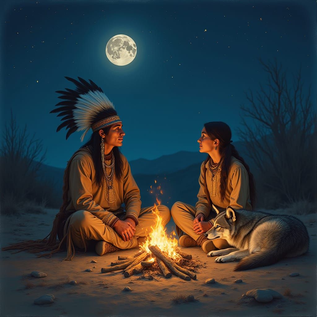 Native American Father and Son Connect Under the Full Moon